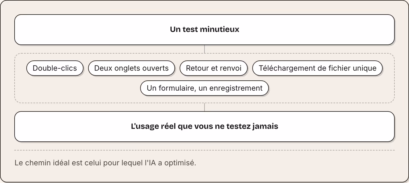 Un test minutieux Double-clics Deux onglets ouverts Retour et renvoi Téléchargement de fichier unique Un formulaire, un enregistrement L'usage réel que vous ne testez jamais Le chemin idéal est celui pour lequel l'IA a optimisé.