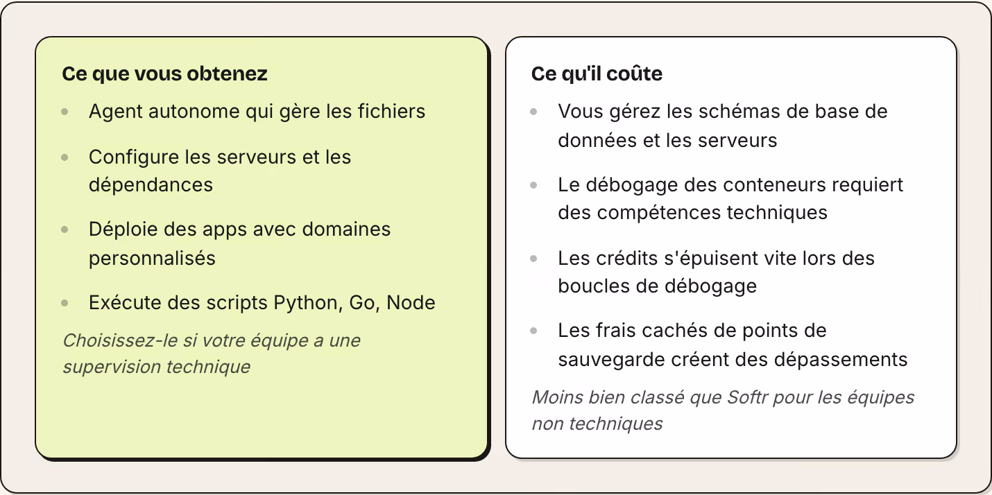 Ce que vous obtenez Agent autonome qui gère les fichiers Configure les serveurs et les dépendances Déploie des apps avec domaines personnalisés Exécute des scripts Python, Go, Node Choisissez-le si votre équipe a une supervision technique Ce qu'il…