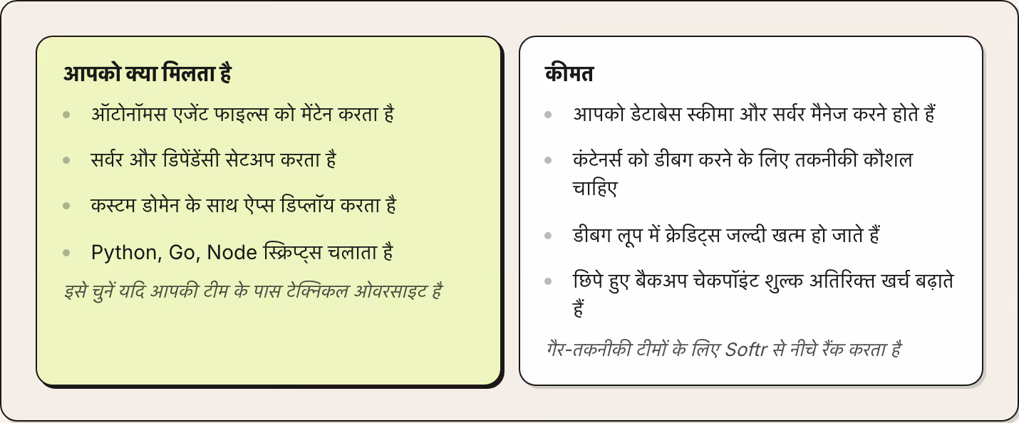 आपको क्या मिलता है ऑटोनॉमस एजेंट फाइल्स को मेंटेन करता है सर्वर और डिपेंडेंसी सेटअप करता है कस्टम डोमेन के साथ ऐप्स डिप्लॉय करता है Python, Go, Node स्क्रिप्ट्स चलाता है इसे चुनें यदि आपकी टीम के पास टेक्निकल ओवरसाइट है कीमत आपको डेटाबेस स्कीमा और…
