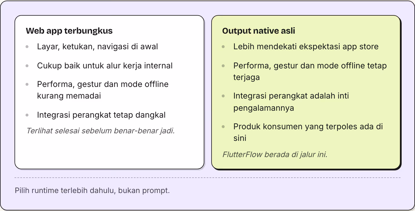 Web app terbungkus Layar, ketukan, navigasi di awal Cukup baik untuk alur kerja internal Performa, gestur dan mode offline kurang memadai Integrasi perangkat tetap dangkal Terlihat selesai sebelum benar-benar jadi. Output native asli Lebih mendekati…