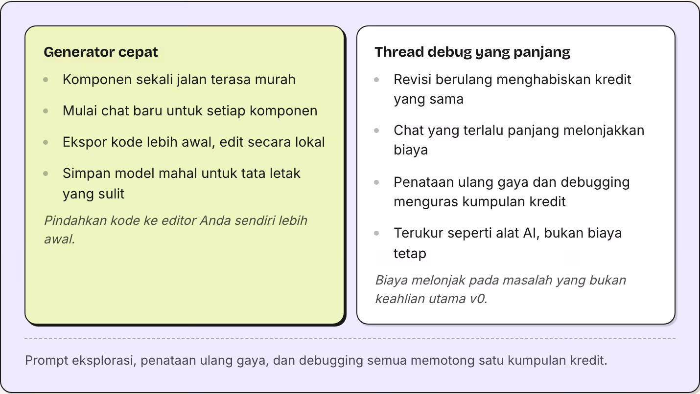 Generator cepat Komponen sekali jalan terasa murah Mulai chat baru untuk setiap komponen Ekspor kode lebih awal, edit secara lokal Simpan model mahal untuk tata letak yang sulit Pindahkan kode ke editor Anda sendiri lebih awal. Thread debug yang…