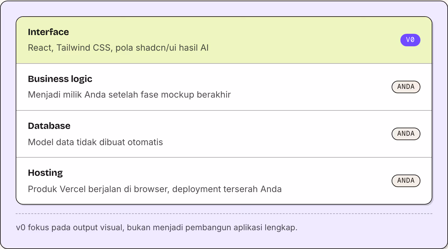 Interface React, Tailwind CSS, pola shadcn/ui hasil AI v0 Business logic Menjadi milik Anda setelah fase mockup berakhir Anda Database Model data tidak dibuat otomatis Anda Hosting Produk Vercel berjalan di browser, deployment terserah Anda Anda v0…