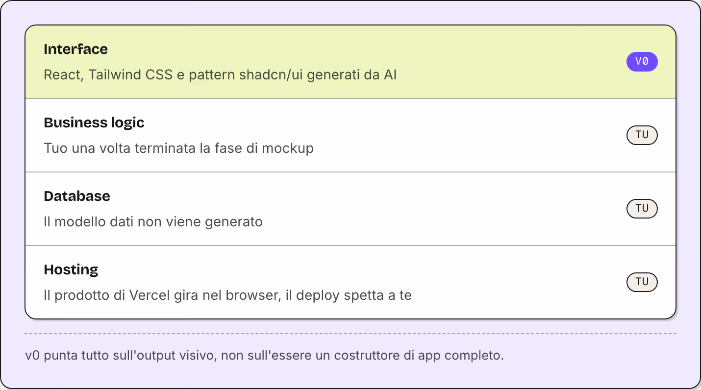 Interface React, Tailwind CSS e pattern shadcn/ui generati da AI v0 Business logic Tuo una volta terminata la fase di mockup Tu Database Il modello dati non viene generato Tu Hosting Il prodotto di Vercel gira nel browser, il deploy spetta a te Tu…