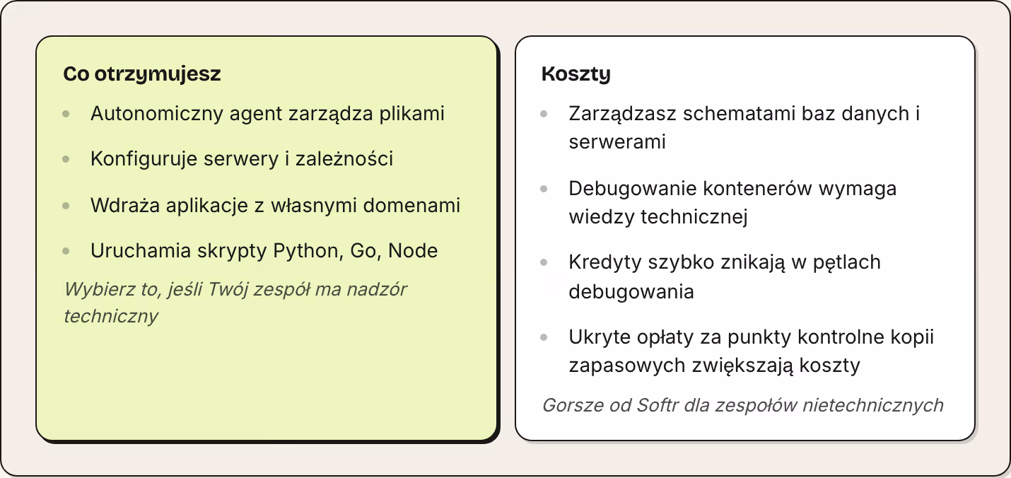 Co otrzymujesz Autonomiczny agent zarządza plikami Konfiguruje serwery i zależności Wdraża aplikacje z własnymi domenami Uruchamia skrypty Python, Go, Node Wybierz to, jeśli Twój zespół ma nadzór techniczny Koszty Zarządzasz schematami baz danych i…