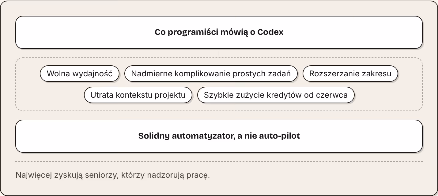 Co programiści mówią o Codex Wolna wydajność Nadmierne komplikowanie prostych zadań Rozszerzanie zakresu Utrata kontekstu projektu Szybkie zużycie kredytów od czerwca Solidny automatyzator, a nie auto-pilot Najwięcej zyskują seniorzy, którzy…