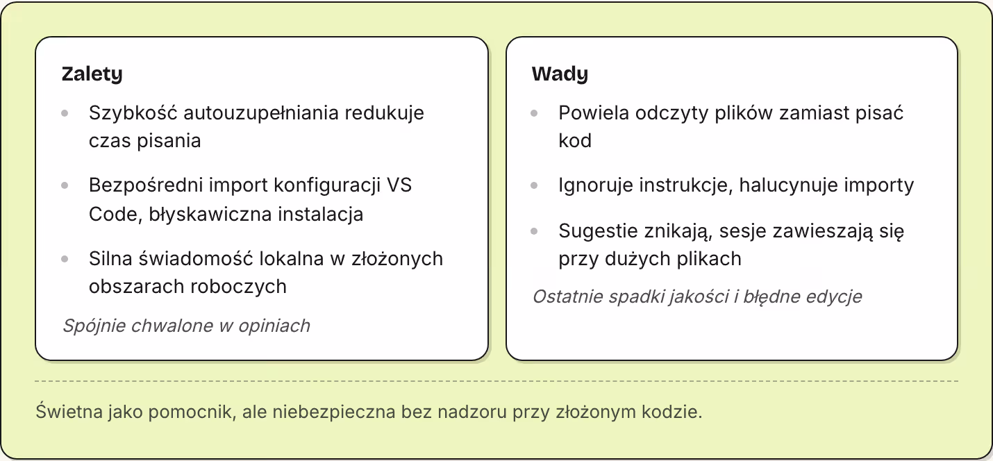 Zalety Szybkość autouzupełniania redukuje czas pisania Bezpośredni import konfiguracji VS Code, błyskawiczna instalacja Silna świadomość lokalna w złożonych obszarach roboczych Spójnie chwalone w opiniach Wady Powiela odczyty plików zamiast pisać…