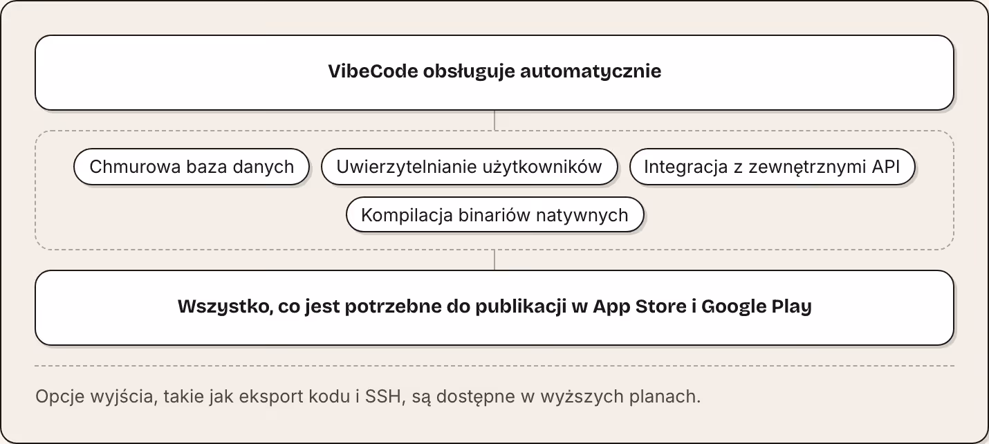 VibeCode obsługuje automatycznie Chmurowa baza danych Uwierzytelnianie użytkowników Integracja z zewnętrznymi API Kompilacja binariów natywnych Wszystko, co jest potrzebne do publikacji w App Store i Google Play Opcje wyjścia, takie jak eksport kodu…