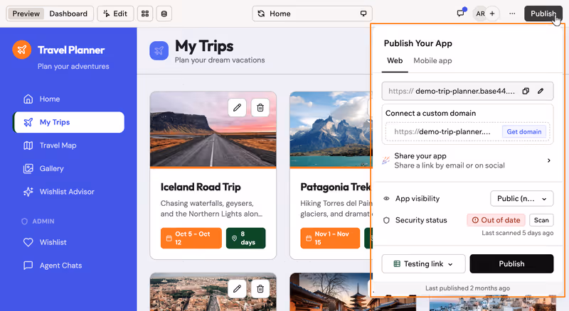 Publish your app panel