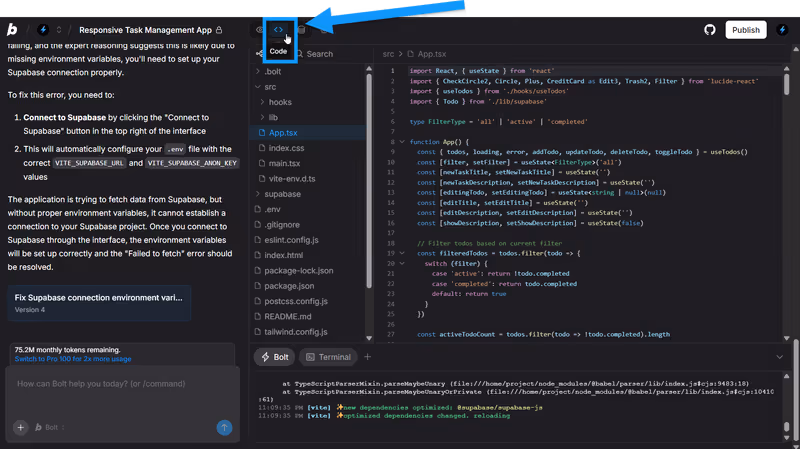 Code view in Bolt