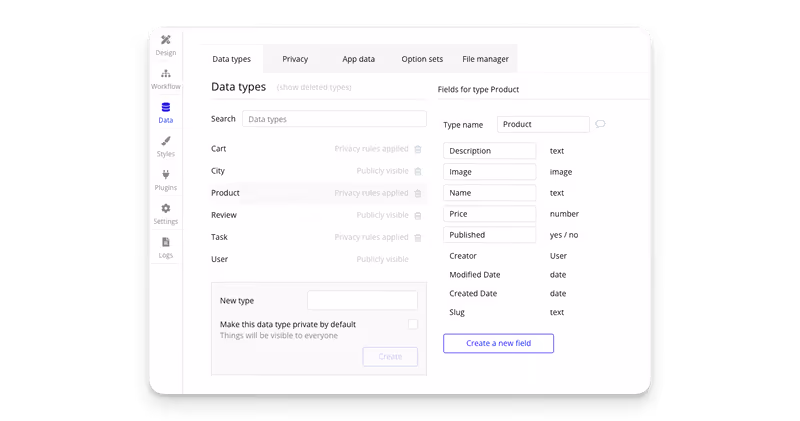 Data tab of the Bubble editor showing data types and fields