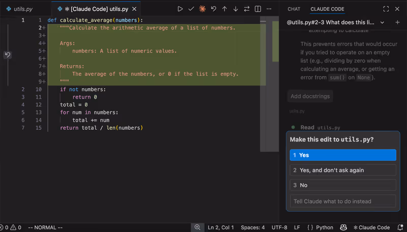 Claude Code VS Code extension showing proposed edits as a diff