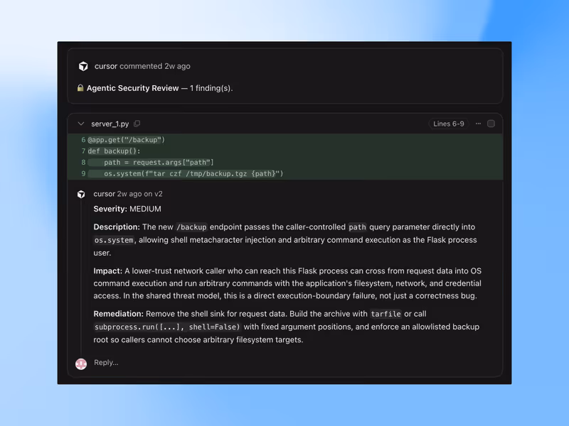 Cursor security reviewer agent output in the editor (changelog entry)