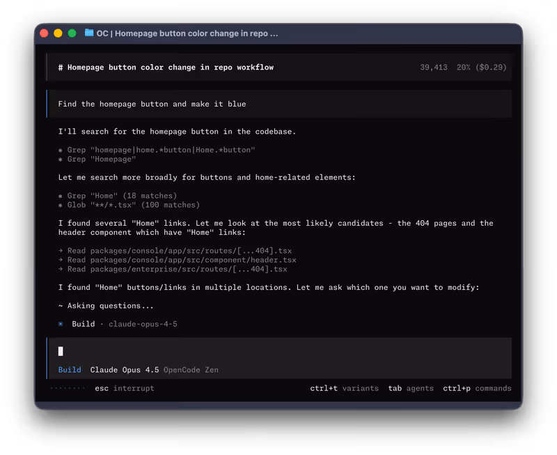 OpenCode terminal UI screenshot (docs intro; also the GitHub lander asset)