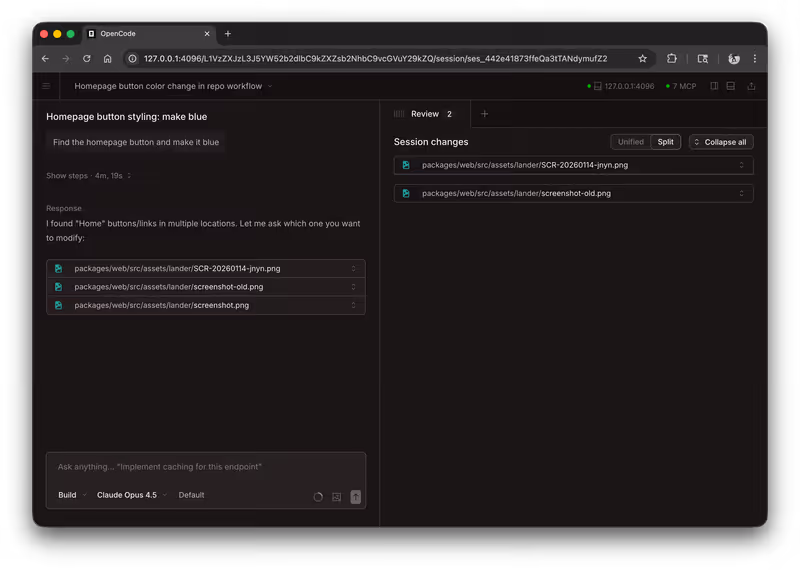 OpenCode web interface with an active session