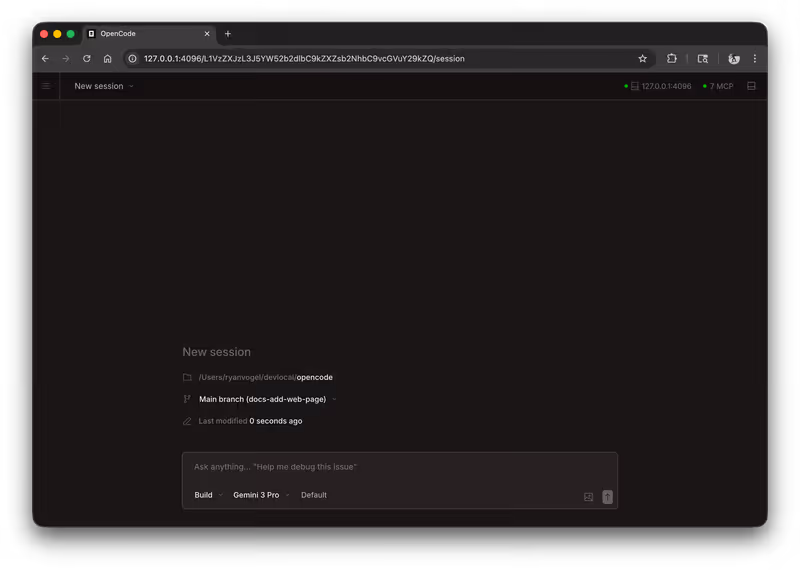 OpenCode web interface, new session screen