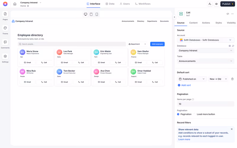 Softr app editor: an employee directory page with the List block settings open