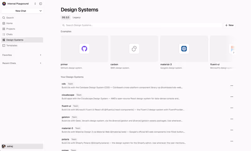 v0 Design Systems page showing saved team skills