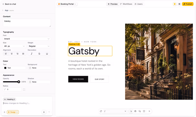 Selective Edits showing a selected heading with typography and colour controls