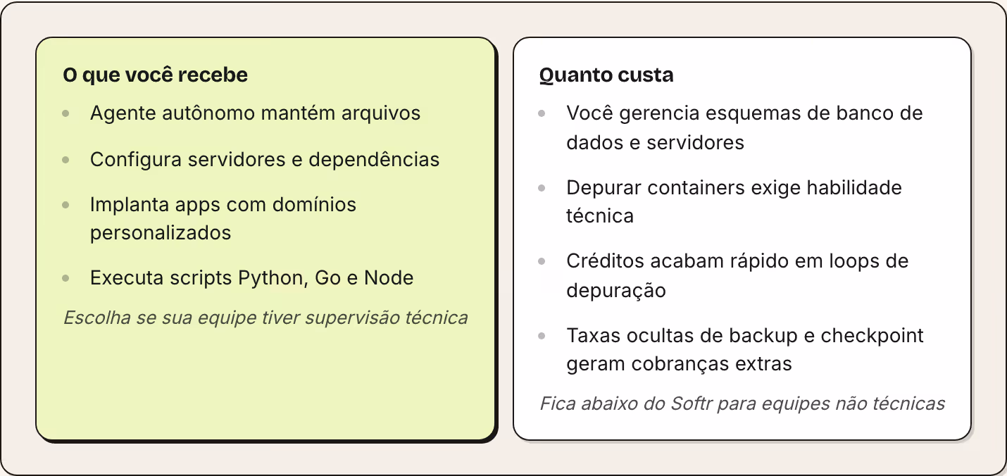 O que você recebe Agente autônomo mantém arquivos Configura servidores e dependências Implanta apps com domínios personalizados Executa scripts Python, Go e Node Escolha se sua equipe tiver supervisão técnica Quanto custa Você gerencia esquemas de…