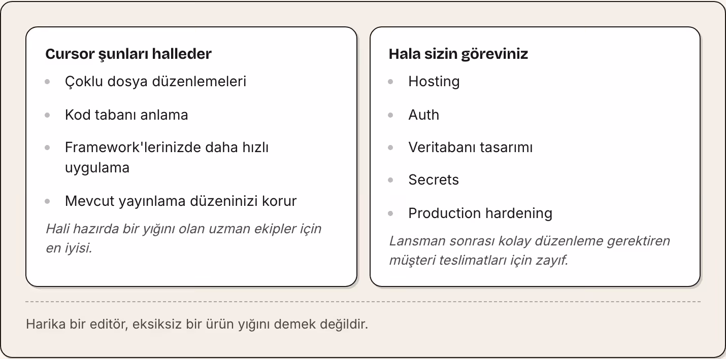 Cursor şunları halleder Çoklu dosya düzenlemeleri Kod tabanı anlama Framework'lerinizde daha hızlı uygulama Mevcut yayınlama düzeninizi korur Hali hazırda bir yığını olan uzman ekipler için en iyisi. Hala sizin göreviniz Hosting Auth Veritabanı…