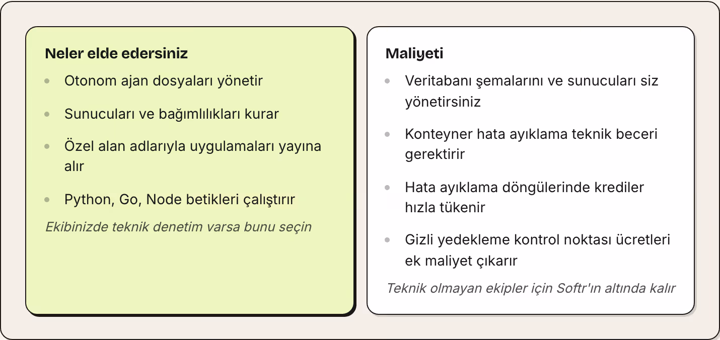 Neler elde edersiniz Otonom ajan dosyaları yönetir Sunucuları ve bağımlılıkları kurar Özel alan adlarıyla uygulamaları yayına alır Python, Go, Node betikleri çalıştırır Ekibinizde teknik denetim varsa bunu seçin Maliyeti Veritabanı şemalarını ve…