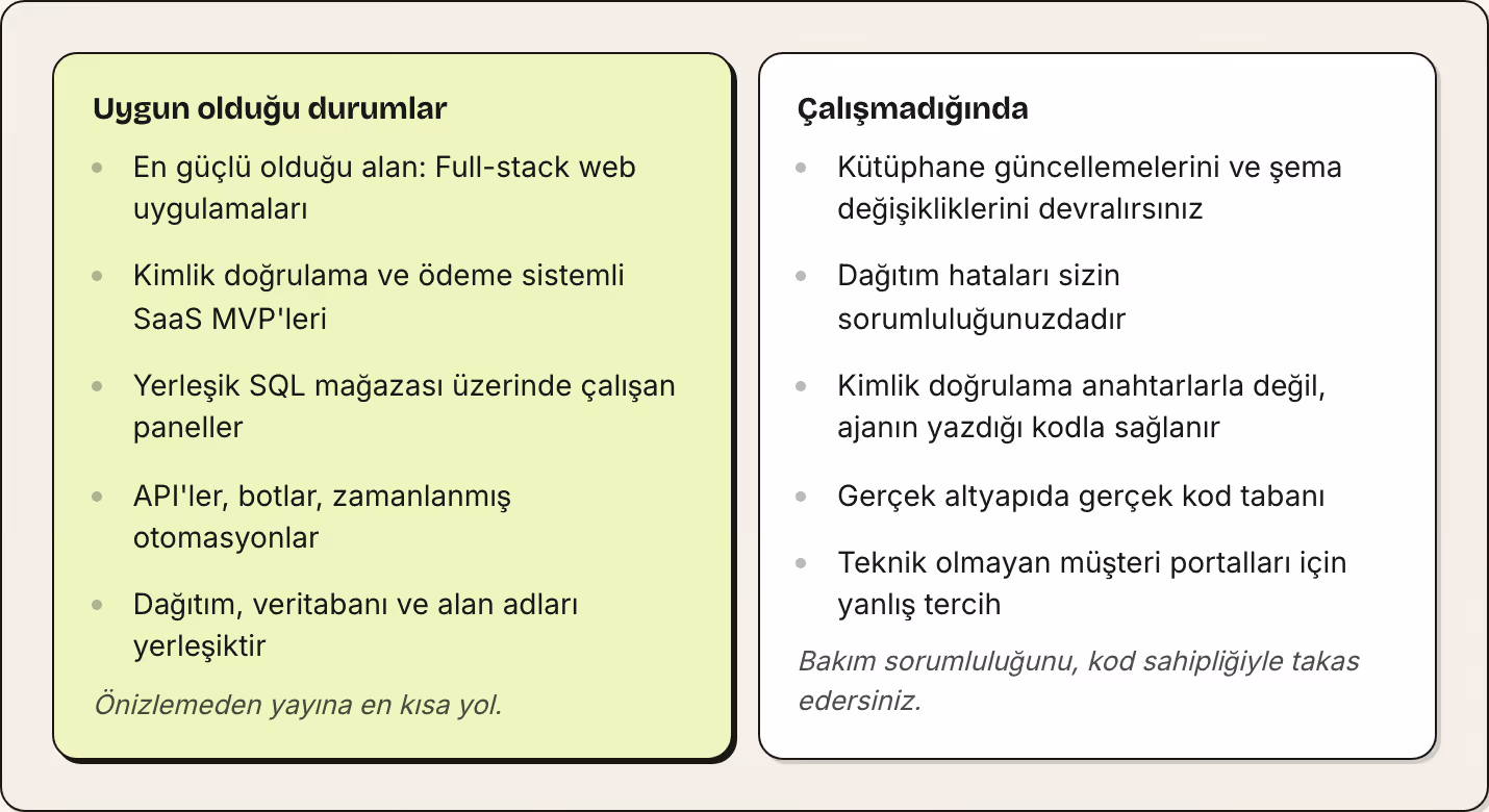 Uygun olduğu durumlar En güçlü olduğu alan: Full-stack web uygulamaları Kimlik doğrulama ve ödeme sistemli SaaS MVP'leri Yerleşik SQL mağazası üzerinde çalışan paneller API'ler, botlar, zamanlanmış otomasyonlar Dağıtım, veritabanı ve alan adları…