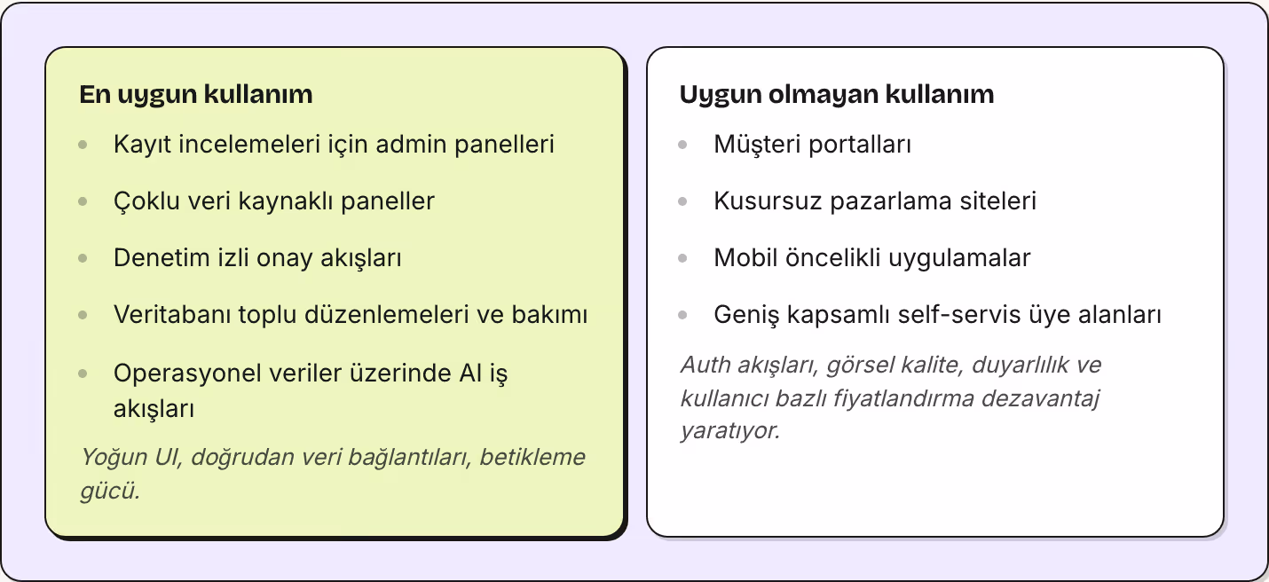 En uygun kullanım Kayıt incelemeleri için admin panelleri Çoklu veri kaynaklı paneller Denetim izli onay akışları Veritabanı toplu düzenlemeleri ve bakımı Operasyonel veriler üzerinde AI iş akışları Yoğun UI, doğrudan veri bağlantıları, betikleme…