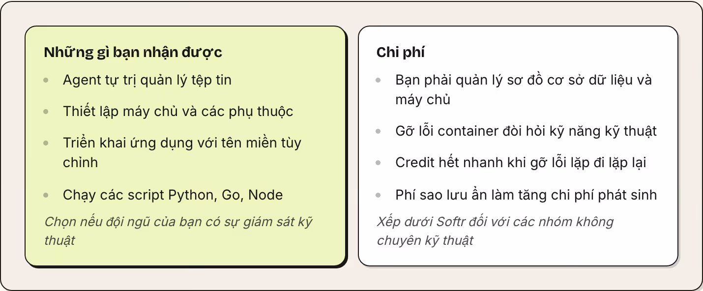 Những gì bạn nhận được Agent tự trị quản lý tệp tin Thiết lập máy chủ và các phụ thuộc Triển khai ứng dụng với tên miền tùy chỉnh Chạy các script Python, Go, Node Chọn nếu đội ngũ của bạn có sự giám sát kỹ thuật Chi phí Bạn phải quản lý sơ đồ cơ sở…