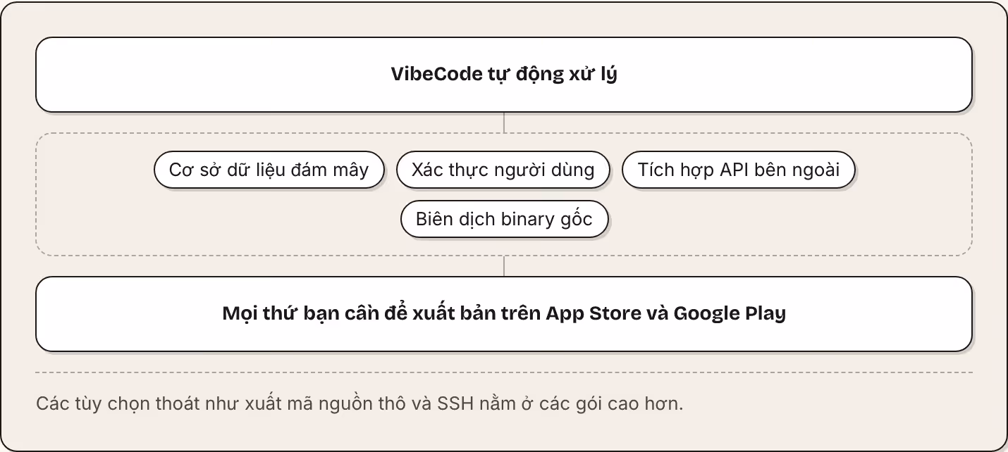 VibeCode tự động xử lý Cơ sở dữ liệu đám mây Xác thực người dùng Tích hợp API bên ngoài Biên dịch binary gốc Mọi thứ bạn cần để xuất bản trên App Store và Google Play Các tùy chọn thoát như xuất mã nguồn thô và SSH nằm ở các gói cao hơn.