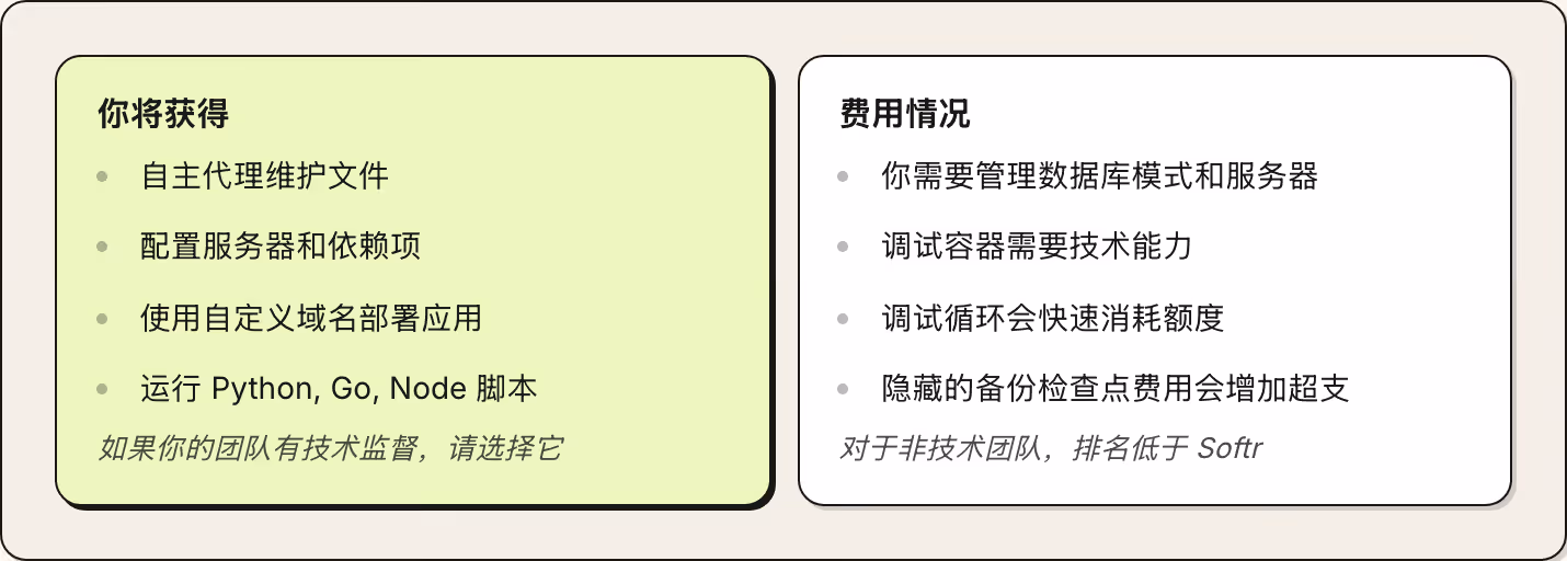 你将获得 自主代理维护文件 配置服务器和依赖项 使用自定义域名部署应用 运行 Python, Go, Node 脚本 如果你的团队有技术监督，请选择它 费用情况 你需要管理数据库模式和服务器 调试容器需要技术能力 调试循环会快速消耗额度 隐藏的备份检查点费用会增加超支 对于非技术团队，排名低于 Softr